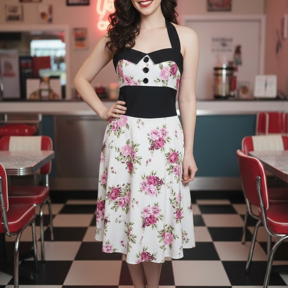 Pin Up Couture Dresses & Skirts - Floral Halter Dress with Black Accents